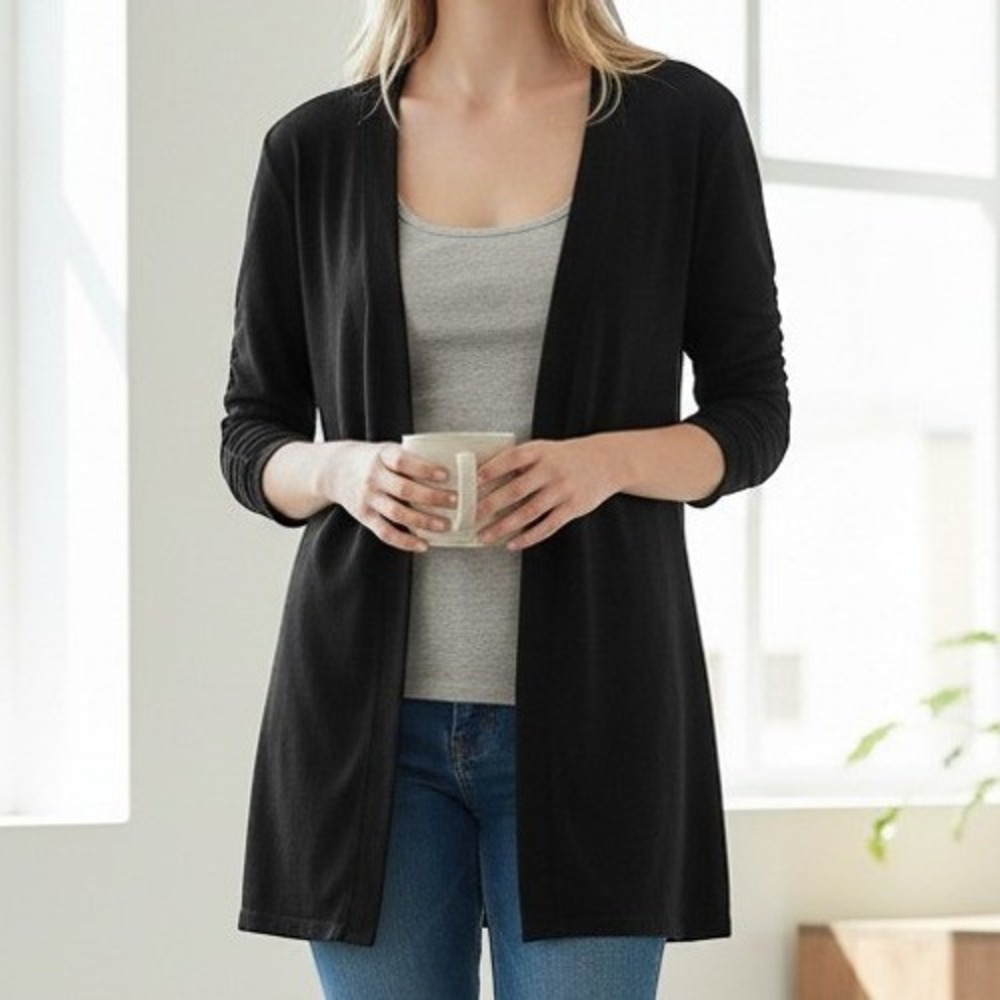 Chico's Open Front Cardigan Size 1 Black Excellent 3/4 Ruched Sleeve Rayon Knit